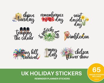 May include: A set of planner stickers featuring watercolor illustrations and black cursive text for UK holidays including Shrove Tuesday, Remembrance Day, Saint David's Day, Trooping the Colour, St Patrick's Day, Wimbledon, Notting Hill Carnival, May Day, and Chelsea Flower Show.