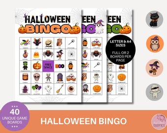 Halloween Bingo Game: 40 Unique Cards, Family Fun (PDF Printables)