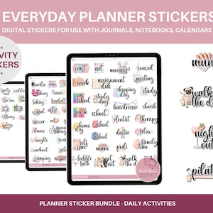 May include: A digital planner sticker bundle with a variety of activities, including "walk the dog", "night out", "pilates", "muni", and more. The stickers are in a watercolor style with pink and white backgrounds.