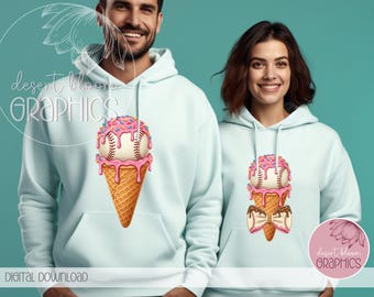 Könnte beinhalten: Hellblaue Kapuzenpullover mit einem Baseball-Eiswaffel-Motiv. Die Eistüte zeigt einen Baseball mit rosa Zuckerguss und Streuseln auf einer Waffel. Der Text "desert bloom GRAPHICS" ist sichtbar.