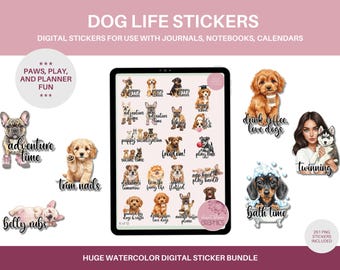 May include: A digital sticker bundle featuring watercolor illustrations of dogs in various poses and activities. The stickers are designed for use in journals, notebooks, and calendars. The bundle includes 251 stickers and features phrases like "adventure time", "drink coffee, love dogs", and "bath time".