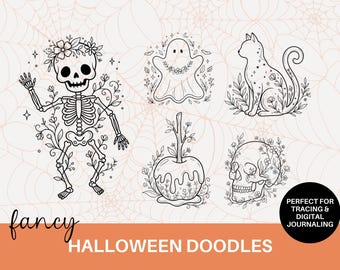 May include: A collection of black line art illustrations featuring a skeleton with flowers, a ghost, a cat, a candy apple, and a skull. The text reads fancy HALLOWEEN DOODLES and PERFECT FOR TRACING & DIGITAL JOURNALING.