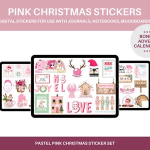 May include: A digital sticker set featuring pastel pink Christmas illustrations. The set includes stickers with various Christmas themes, such as a Christmas tree, a snowman, a gingerbread house, and a nutcracker. The set also includes a bonus advent calendar.
