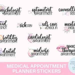 May include: Medical appointment planner stickers with various illustrations. Includes stickers for psychologist, optometrist, counseling, COVID shot, sick day, self-care, mental health, fertility, cardiologist, dental, midwife, and speech therapist appointments.