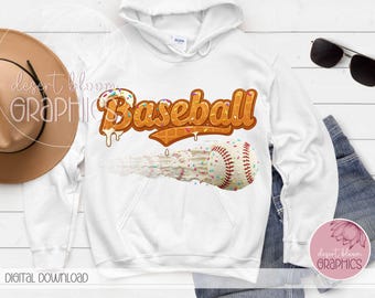 Könnte beinhalten: Weißer Hoodie mit einem Baseball-Motiv. Das Motiv zeigt eine Waffel mit Streuseln und einen Baseball mit Waffel-Design. Der Text "Baseball" ist in einer lustigen, bunten Schrift geschrieben.