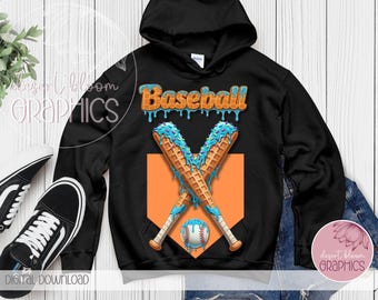 May include: Black hooded sweatshirt with a baseball graphic. The graphic features two crossed waffle cone baseball bats with blue and white sprinkles and a baseball. The text "Baseball" is above the bats in a dripping font.