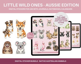 May include: Digital sticker bundle featuring illustrations of native Australian animals, including a koala, echidna, kookaburra, and more. The stickers are perfect for adding a touch of Australian charm to journals, planners, and other creative projects.