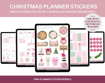 May include: A digital planner sticker bundle with a pink and white color scheme. The stickers feature Christmas-themed illustrations, including wreaths, ornaments, and a snowman. The text "XMAS" and "let it snow" are included on the stickers. The stickers are designed for use with digital planners, journals, and notebooks.