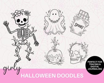 May include: A collection of black and white line art illustrations featuring a skeleton wearing a flower crown, a ghost with floral accents, a chocolate bar labeled SPOOKY, a caramel apple, and a skull adorned with flowers, with text reading girly HALLOWEEN DOODLES and PERFECT FOR TRACING & DIGITAL JOURNALING.
