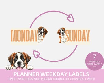 May include: A set of seven planner weekday labels featuring illustrations of Saint Bernard dogs peeking around corners. The text MONDAY and SUNDAY is displayed in tan letters. A purple circular badge reads 7 WEEKDAY NAME LABELS.