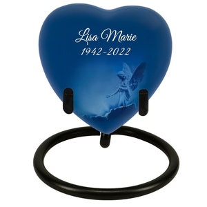 Blue Angel of Protection Heart Keepsake Urn - Stand Option - Blue Angel Design - Perfect for Dresser or Night Table - Lifetime Guarantee -