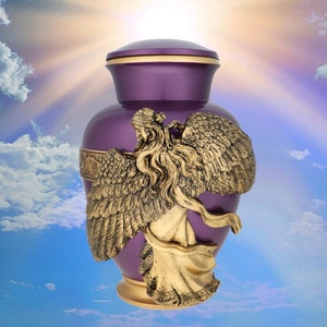 Angel of Grief® Golden Purple Cremation Urn - Custom Engraved - Elegant Memorial - Fast Shipping - Hand-Painted Angel - Lifetime Warranty