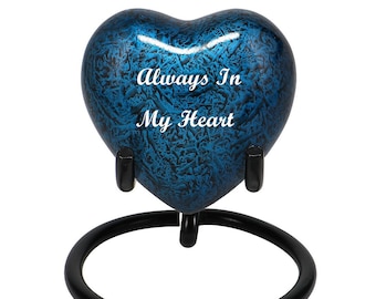 Blue Marbled Heart Keepsake Urn - Stand Option - Personalized Engraving - Hand-Painted Finish - Perfect for Display - Lifetime Warranty