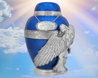 Wings of an Angel Blue Adult Urn - FAST Shipping - Angel Of Grief Adult Cremation Urn for Women Men - Engraving Available