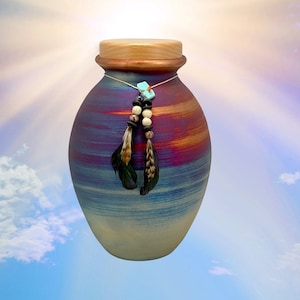 Feather And Stones Raku Cremation Adult or Medium Urn - FREE SHIPPING  - Women&#39;s Bead Raku Urn - Men&#39;s Feather Raku Urn