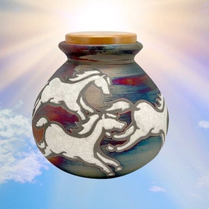 Spirit Horses Raku Adult or Medium Cremation Urn - Personalization Available - Horse Design - Lifetime Warranty - Fast Shipping