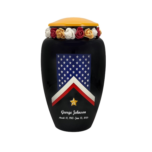 Engraved Veteran Flag Cremation Urn – Military Memorial, Tribute Wreath Option