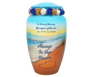 Always In Our Hearts - Beach Urn - Handcrafted Metal - Fast Engraving - Beach Scene - Adult Urn - Fast Shipping - Tribute Wreath Option™