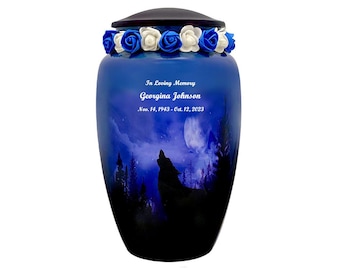 Winter Wolf Moon Cremation Urn - Tribute Wreath® Option - Custom Engraving - Adult Sized - Lifetime Warranty - Quick Shipping