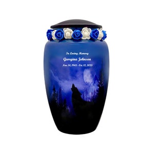 Winter Wolf Moon Cremation Urn - Tribute Wreath® Option - Custom Engraving - Adult Sized - Lifetime Warranty - Quick Shipping