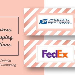 May include: Two pink and white striped boxes with the logos of the United States Postal Service and FedEx. The text "Express Shipping Options" is written in black on a pink background. The text "See Details Before Purchasing" is written in black on a pink background.