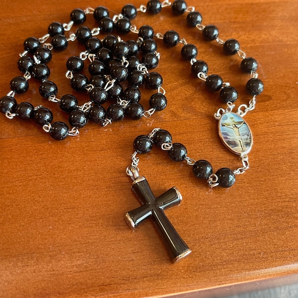 Black Bead Rosary Necklace Urn - Engraved Cross - Keep Loved Ones Close - Free Gifts & Fast Delivery - Perfect Memorial - Lifetime Guarantee