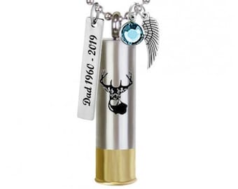 Shotgun Shell Deer Pendant Urn - Love Charms® Option - Personalized Ash Keepsake - Free Birthstone & Chain - Fast Shipping