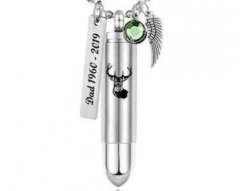 Deer Bullet Pendant Jewelry Urn - Love Charms® Option - Personalized Ash Keepsake - Free Birthstone & Chain - Fast Shipping
