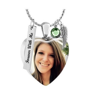 Personalized Photo Heart Urn Pendant: Stainless Steel Ash Keepsake, Birthstone & Chain
