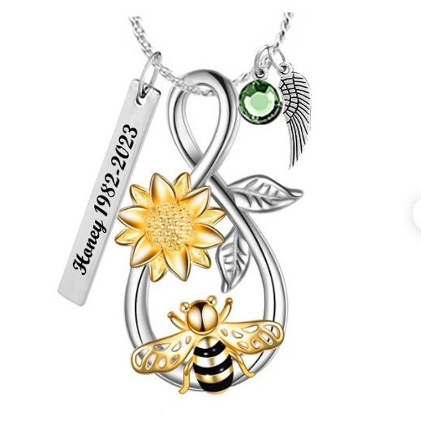 Bee Sunflower Infinity Cremation Jewelry Urn - Love Charms® Option - Free Add-ons- Lifetime Guarantee - Fast Shipping