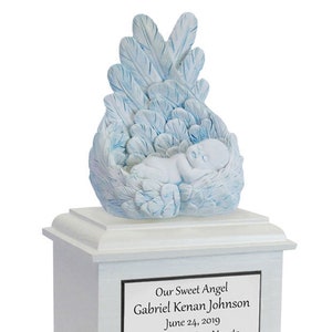 Protected By Angels Blue Infant Urn - Baby Boy Angel Urn - Wooden Baby Urn