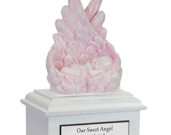 Protected By Angels Pink Infant Urn - Engraved Wooden Baby Urn