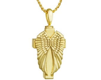 14KT Gold Cross Angel Wings Cremation Urn Necklace
