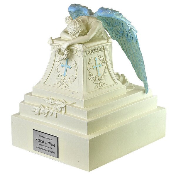 Angel of Grief® Blue Adult Urn - Custom Engraving - Exquisite Detail - Adult Sized - Lifetime Warranty - Memorial Tribute - Ready to Ship