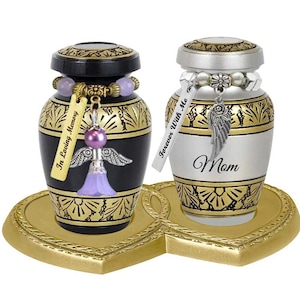 Double Heart Gold Memorial Stand - For 2 Mini Urns Small Urn Keepsakes Sold Separately