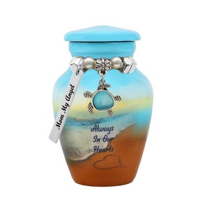 Always In Our Hearts Beach Mini Urn - Personalized Engraved Urn Protective Bag Lifetime Warranty - Love Charms® Option