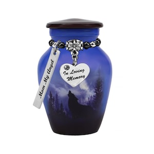 Winter Wolf Moon Mini Urn - Love Charms® Option - Small Urn For Ashes