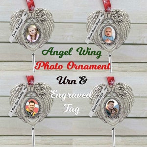 Angel Wing Photo Ornament Urn - Engraved Tag Option - Memorial Christmas Keepsake - Custom Engraved Tag - Excellent Quality - FREE Shipping