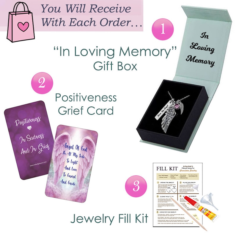 May include: A gift box set for remembering a loved one. The set includes a silver angel wing necklace with a purple crystal, a card with a message about an angel being by your side, and a jewelry fill kit with instructions and glue.