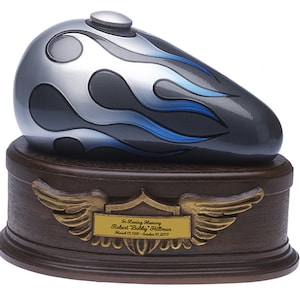 Blue Flames Flames Gas Tank Motorcycle Urn - Unique Tribute for Riders - Durable Polymer - Personalized Engraving - Fast Shipping