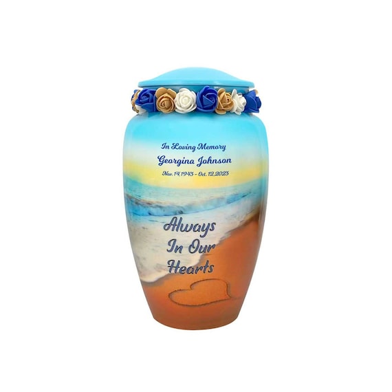 Always In Our Hearts - Beach Urn - Handcrafted Metal - Fast Engraving - Beach Scene - Adult Urn - Fast Shipping - Tribute Wreath Option™