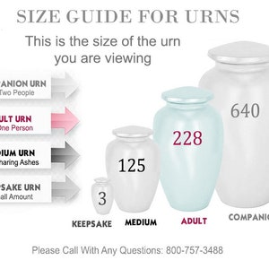 May include: Size guide for urns, showing four different sizes: keepsake (3 cubic inches), medium (125 cubic inches), adult (228 cubic inches), and companion (640 cubic inches).