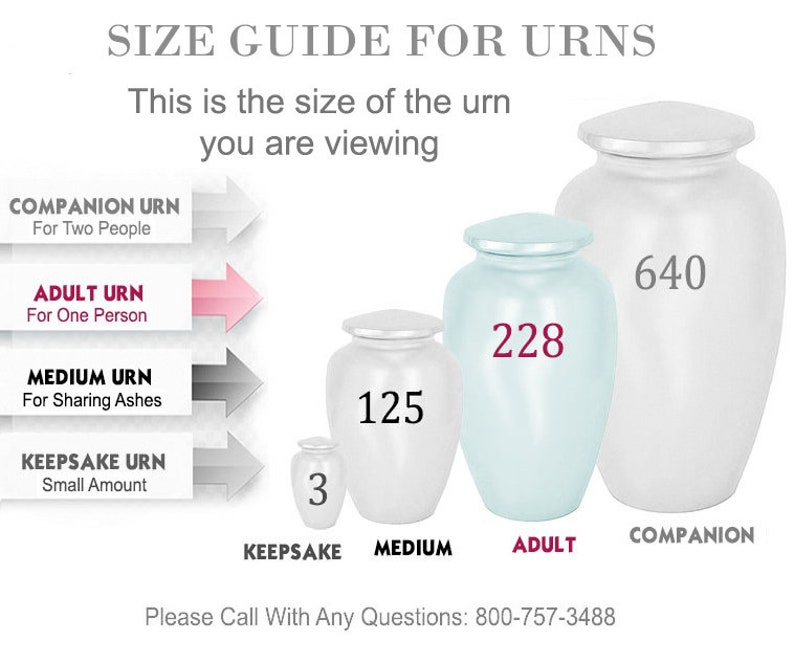 May include: Size guide for urns, showing four different sizes: keepsake (3 cubic inches), medium (125 cubic inches), adult (228 cubic inches), and companion (640 cubic inches).