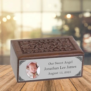 Infant Photo Pewter Plate Floral Wood Urn - Free Engraving - Lifetime Guarantee - Fast Shipping