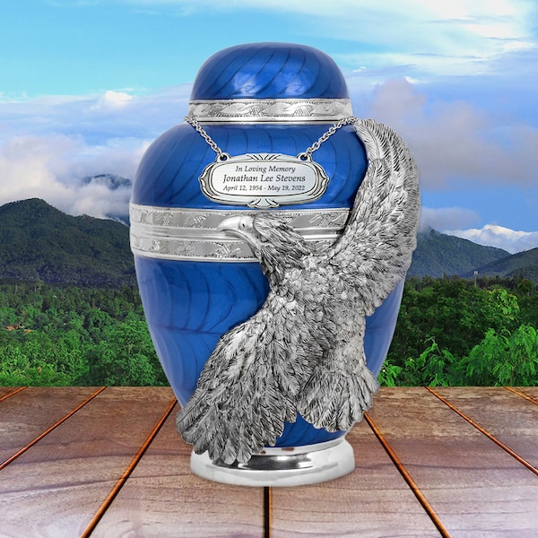 Soaring Eagle Blue Urne für Erwachsene - SCHNELLER Versand - Gravur verfügbar - Exklusive Adler-Urne mit tiefblauer Urne