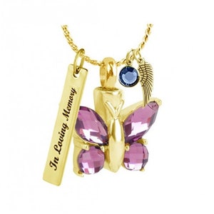 Butterfly Crystal Purple Pendant Urn Gold & Stainless Steel Urn Free Birthstone and Chain 100% Lifetime Guarantee Love Charms® Option