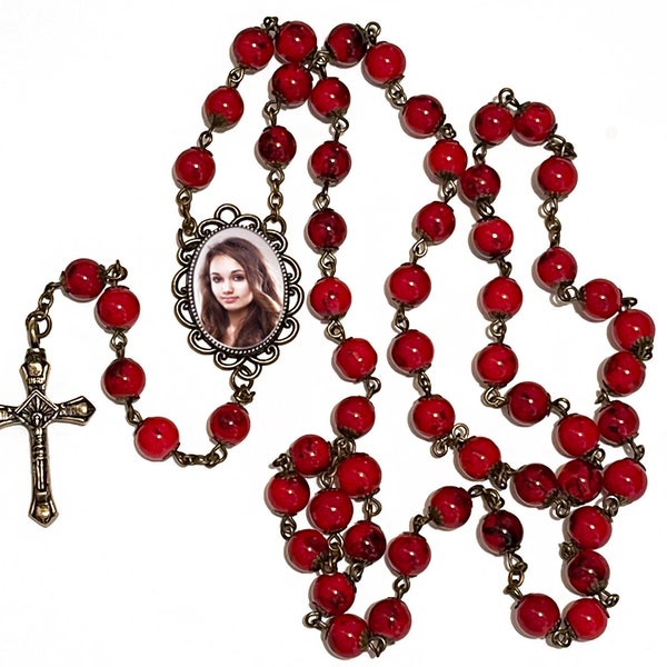 Antiqued Red Photo Rosary Necklace Urn - Personalized Ash Holder - Memorial Jewelry - Engraved Cross & Custom Image - Fast Shipping