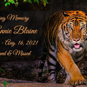May include: A memorial image featuring a tiger walking through a lush green jungle setting. The text reads "In Loving Memory Elaine Annie Blaine Nov. 7, 1958 - Aug. 16, 2021 Forever Loved & Missed".