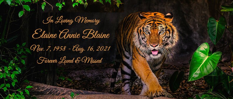 May include: A memorial image featuring a tiger walking through a lush green jungle setting. The text reads "In Loving Memory Elaine Annie Blaine Nov. 7, 1958 - Aug. 16, 2021 Forever Loved & Missed".