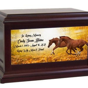 Galloping Fall Horses Memorial Cremation Urn - Adult Running Horses Cremation Urn - Full Color Wood Urn